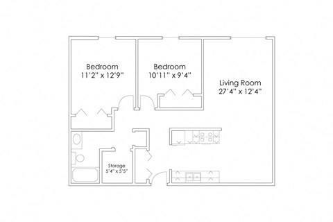 Floor plan for 2 beds, 1 bath, 860 sqft